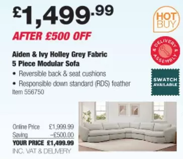 Swatch - Holley Grey Fabric 5 Piece Modular Sofa