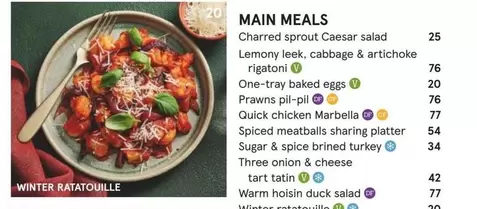 Charred sprout Caesar salad, Lemony leek, cabbage & artichoke rigatoni, One-tray baked eggs, Prawns pil-pil, Quick chicken Marbella, Spiced meatballs sharing platter, Sugar & spice brined turkey, Three onion & cheese tart tatin, Warm hoisin duck salad, Wi