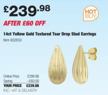 14ct Yellow Gold Textured Tear Drop Stud Earrings