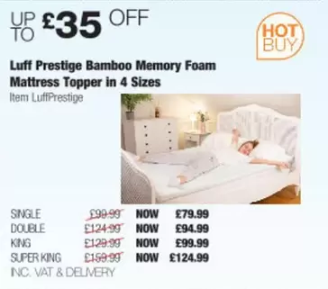 HP - Prestige Bamboo Memory Foam Mattress Topper in 4 Sizes