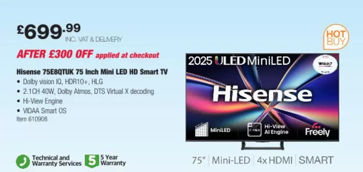 Hisense - 75EBQTUK 75 Inch Mini LED HD Smart TV