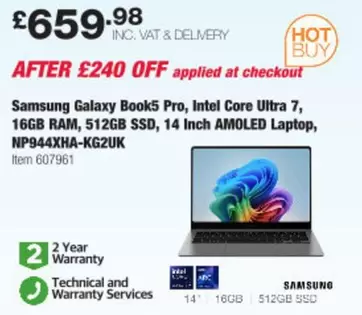 samsung - Galaxy Book5 Pro, Intel Core Ultra 7, 16GB RAM, 512GB SSD, 14 Inch AMOLED Laptop, NP944XHA-KG2UK