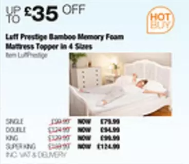 Prestige -  Bamboo Memory Foam Mattress Topper in 4 Sizes