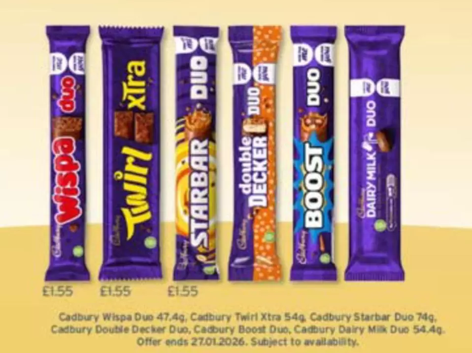 Cadbury - Wispa Duo, Twirl Xtra, Starbar Duo, Double Decker Duo, Boost Duo, Dairy Milk Duo