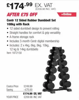 Comfort - 12 Sided Rubber Dumbbell Set 108kg with Rack