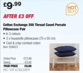 COTTON - 200 Thread Count Percale Pillowcase Pair