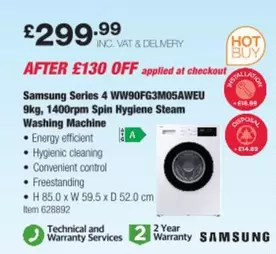 samsung - Series 4 WW90FG3M05AWEU 9kg, 1400rpm Spin Hygiene Steam Washing Machine