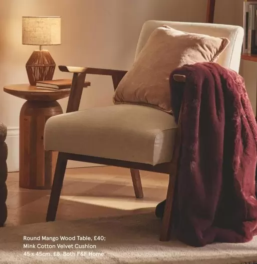 Mango - Round Wood Table, Mink Cotton Velvet Cushion