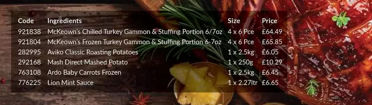 Frozen - Chilled Turkey Gammon & Stuffing Portion,  Turkey Gammon & Stuffing Portion, Classic Roasting Potatoes, Mash Direct Mashed Potato, Baby Carrots Fren, Lion Mit Sauce