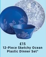 12-Piece Sketchy Ocean Plastic Dinner Set