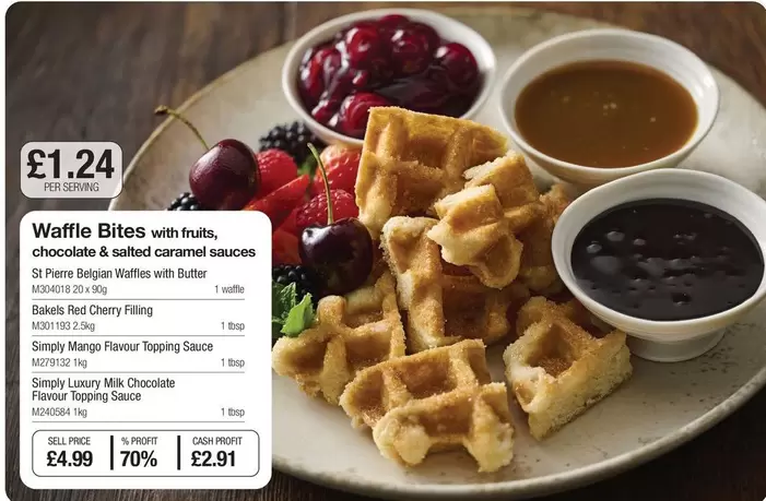 Mango - Waffle Bites with fruits, chocolate & salted caramel sauces