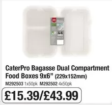 Dual - Bagasse  Compartment Food Boxes 9x6" (229x152mm) M292503 1x50pk M292502 4x50pk