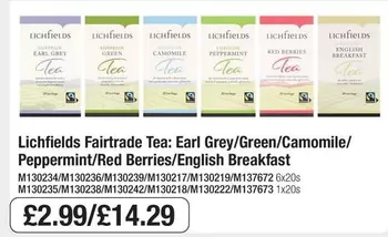 Earl Grey/Green/Camomile/ Peppermint/Red Berries/English Breakfast