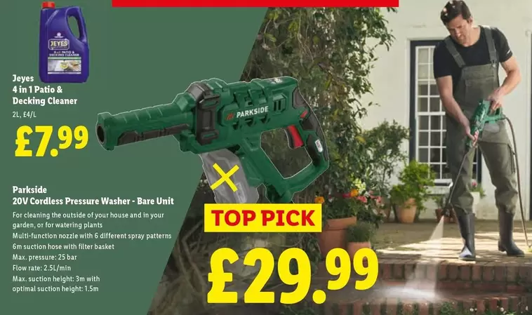 Parkside - 20V Cordless Pressure Washer - Bare Unit
