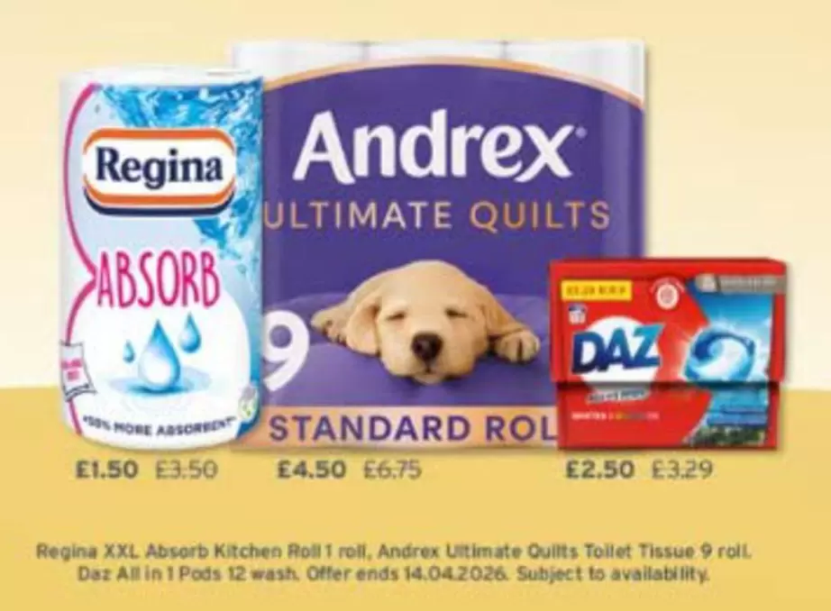 Regina - Absorb Kitchen Roll 1 roll, Ultimate Quilts Toilet Tissue 9 roll, All in 1 Pods 12 wash