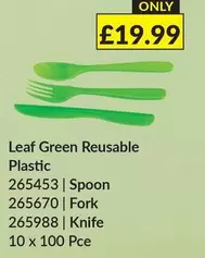 Leaf Green Reusable Plastic Spoon, Fork, Knife