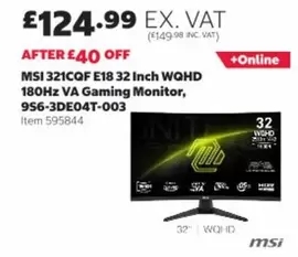 MSI 321CQF E18 32 Inch WQHD 180Hz VA Gaming Monitor, 95S6-3DE04T-003