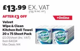Velvet - Wipe & Clean Kitchen Roll Towel 20 x 75 Sheet Pack Item 64034