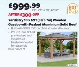 Yardistry 10 x 12ft (3 x 3.7m) Wooden Gazebo with Peaked Aluminium Solid Roof Item 1902471