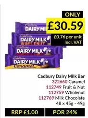 Cadbury -  Dairy Milk Bar 322660 Caramel 112749 Fruit & Nut 112759 Wholenut 112769 Milk Chocolate