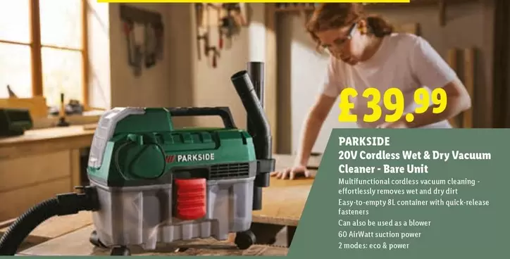 Parkside - 20V Cordless Wet & Dry Vacuum Cleaner - Bare Unit