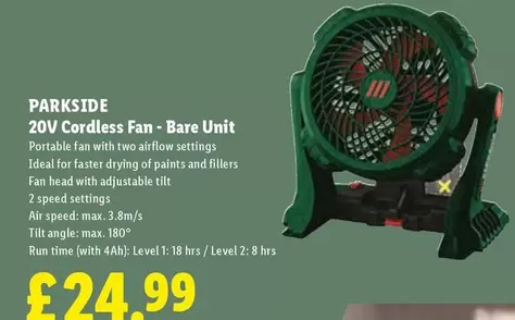 Parkside - 20V Cordless Fan - Bare Unit