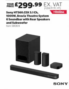Sony - HTS60.CEK 5.1 Ch, 1000W, Bravia Theatre System 6 Soundbar with Rear Speakers and Subwoofer Item 580614