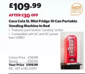 Coca Cola - 5L Mini Fridge 10 Can Portable Vending Machine In Red Item 578817