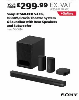Sony - HTS60.CEK 5.1 Ch, 1000W, Bravia Theatre System 6 Soundbar with Rear Speakers and Subwoofer