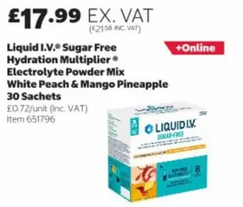 Mango - Liquid I.V. Sugar Free Hydration Multiplier Electrolyte Powder Mix, White Peach & Pineapple, 30 Sachets, Item 651796