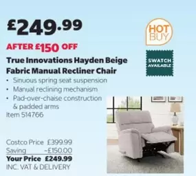 Swatch - True Innovations Hayden Beige Fabric Manual Recliner Chair Item 514766