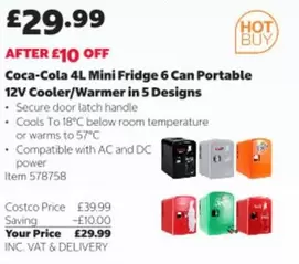 Coca Cola - 4L Mini Fridge 6 Can Portable 12V Cooler/Warmer in 5 Designs Item 578758