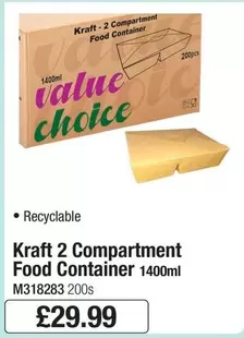 Kraft - 2 Compartment Food Container 1400ml M318283 200s