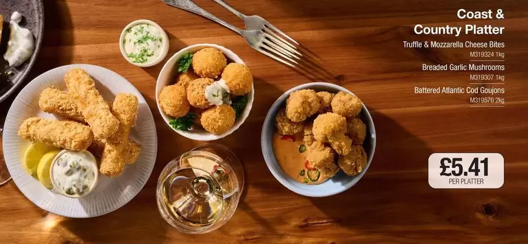 COAST - Coast & Country Platter Truffle & Mozzarella Cheese Bites, Breaded Garlic Mushrooms, Battered Atlantic Cod Goujons