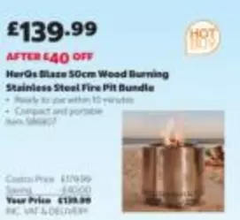 HerQs Blaze 50cm Wood Burning Stainless Steel Fire Pit Bundle Item 586807