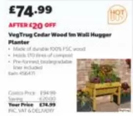 VegTrug Cedar Wood 1m Wall Hugger Planter Item 456471