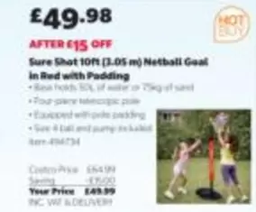 Sure -  Shot 10ft (3.05 m) Netball Goal in Red with Padding Item 494734