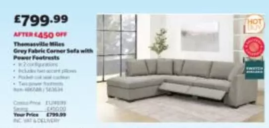 Swatch - Thomasville Miles Grey Fabric Corner Sofa with Power Footrests