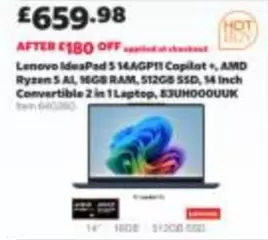 Lenovo - Ideapad 5 14AGP11 Copilot +, AMD Ryzen 5 AI, 16GB RAM, 512GB SSD, 14 Inch Convertible 2 in 1 Laptop, 83UH0000UK