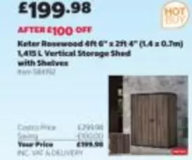 Keter Rosewood 4ft 6" x 2ft 4" (1.4 x 0.7m) 1,415 L Vertical Storage Shed with Shelves