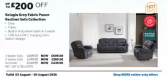 Dove - Belagio Grey Fabric Power Recliner Sofa Collection