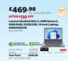 Lenovo -  IdeaPad Slim 3, AMD Ryzen 5, 16GB RAM, 512GB SSD, 14 Inch Laptop, 83K600EXUK
