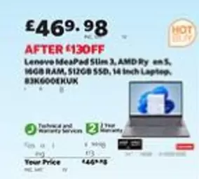 Lenovo - IdeaPad Slim 3, AMD Ryzen 5, 16GB RAM, 512GB SSD, 14 Inch Laptop, 83K600EXUK