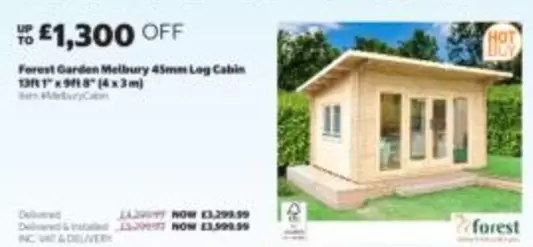 Forest Garden Melbury 45mm Log Cabin 13'1" x 9'10" (4 x 3m)