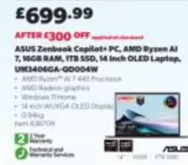 ASUS - Zenbook Copilot+ PC, AMD Ryzen AI 7, 16GB RAM, 1TB SSD, 14 Inch OLED Laptop, UM3406GA-QD0004W