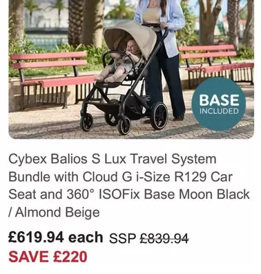 Lux - Balios S  Travel System Bundle with Cloud G i-Size R129 Car Seat and 360° ISOfix Base Moon Black / Almond Beige