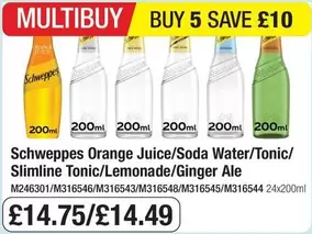 Schweppes - Orange Juice/Soda Water/Tonic/Slimline Tonic/Lemonade/Ginger Ale M246301/M316546/M316543/M316548/M316545/M316544