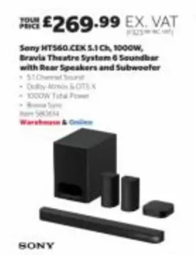 Sony - HT-S60.CEK 5.1 Ch, 1000W, Bravia Theatre System 6 Soundbar with Rear Speakers and Subwoofer