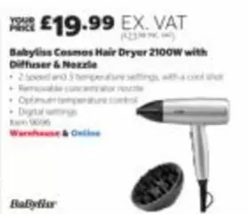 Babyliss - Cosmos Hair Dryer 2100W with Diffuser & Nozzle (Item 9096)