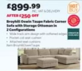 Broyhill Oswin Taupe Fabric Corner Sofa with Storage Ottoman in 2 Configurations